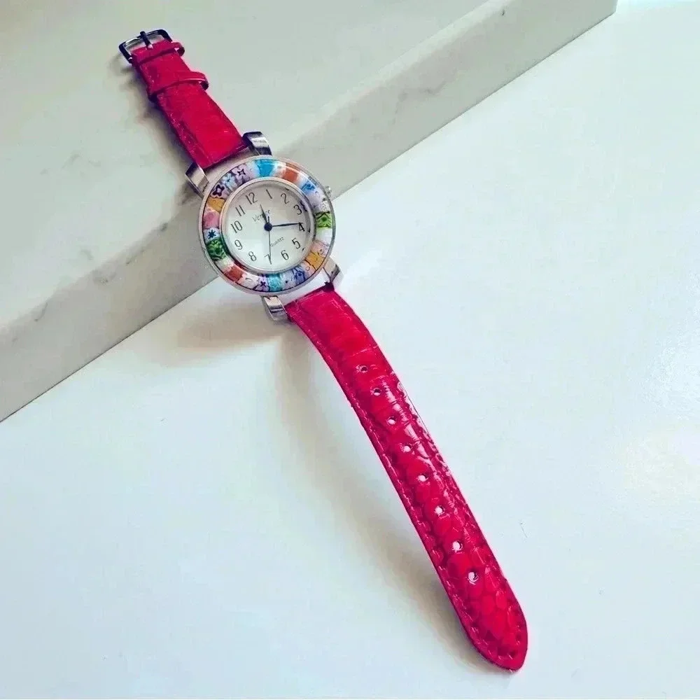 GlassOfVenice Serena Murano Millefiori Watch With Leather Band - Red